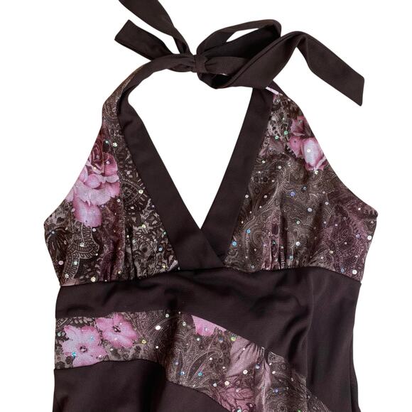 Vintage Y2K 2000s Halter Midi Dress Brown Pink Sequins Large Fairy Whimsygoth - Picture 3 of 6